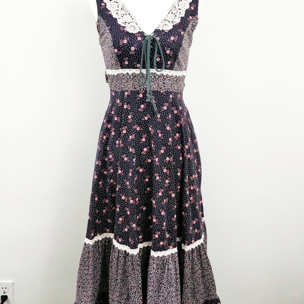 Gunne Sax Calico Floral Brown Pink Corset Sundress - Picture 2 of 16